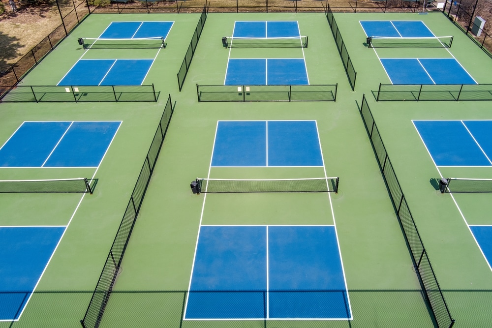 An aerial view of a pickleball court