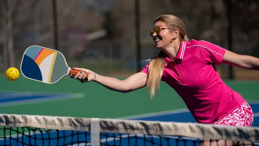 a gril weariing pink suit playing pickleball game