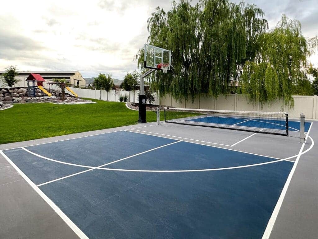 A view of a pickleball court outdoors