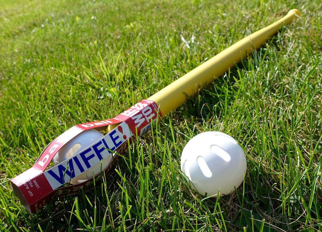 A view of a wiffle ball in grass with a wiffle stick