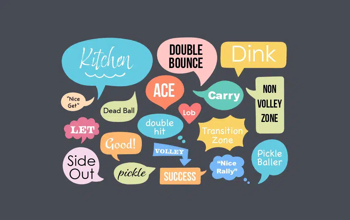 A view of pickleball terms written in colorful icons