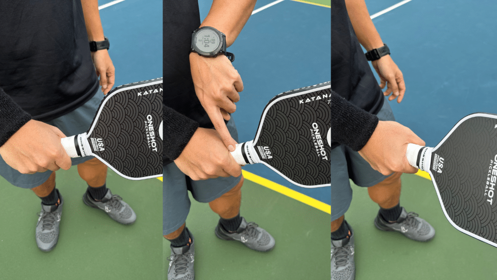 A view of a person showing how to hold a pickleball properly