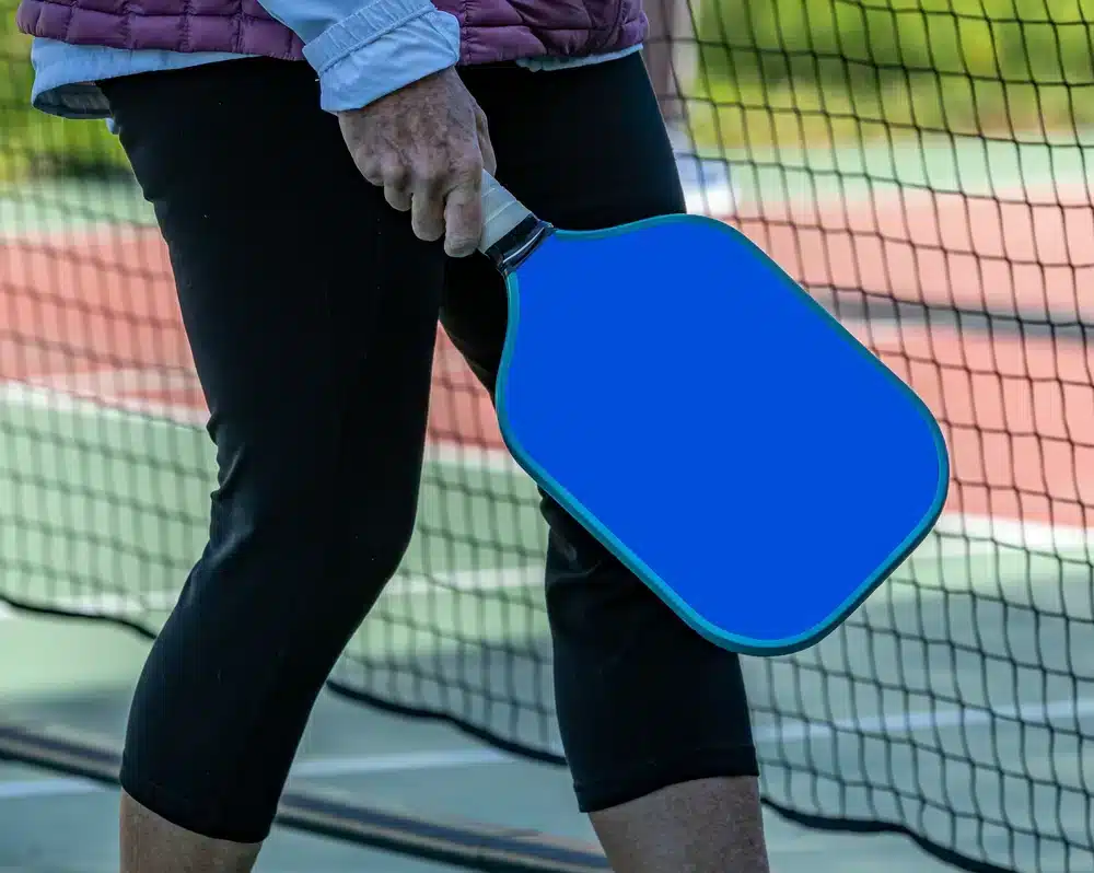 A view of a person holding a pickleball paddle