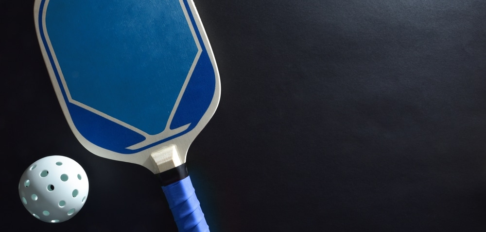 A view of a blue composite pickleball paddle with a ball