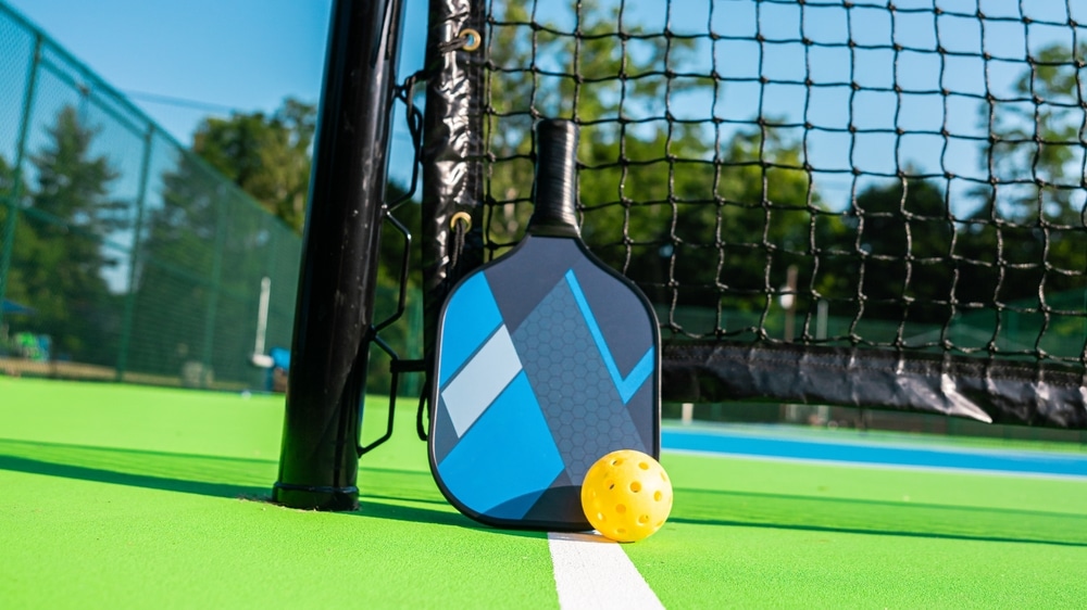 A view of a pickleball paddle with a ball on the side