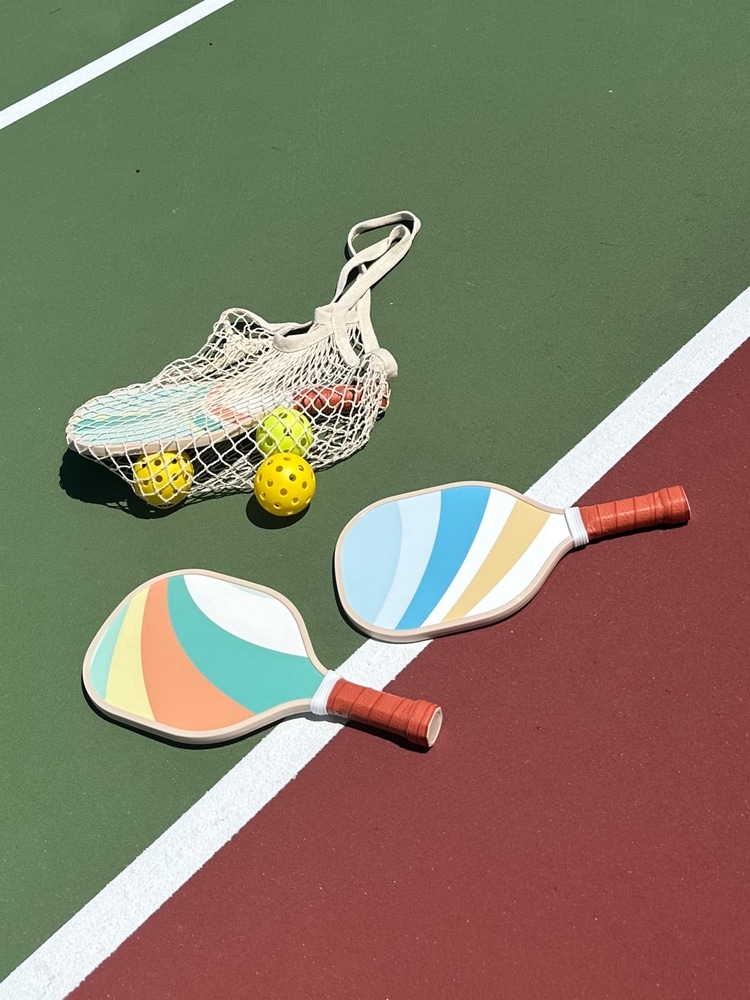 A view of a pickleball set on the court